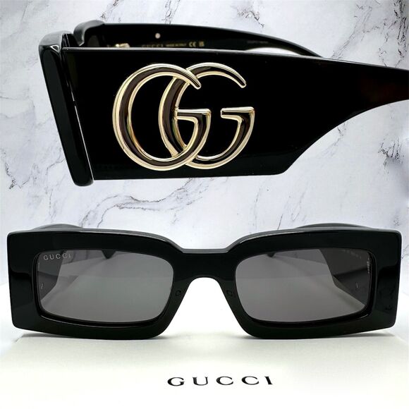New Gucci Sunglasses Black Gold Rectangle Square - Picture 5 of 16